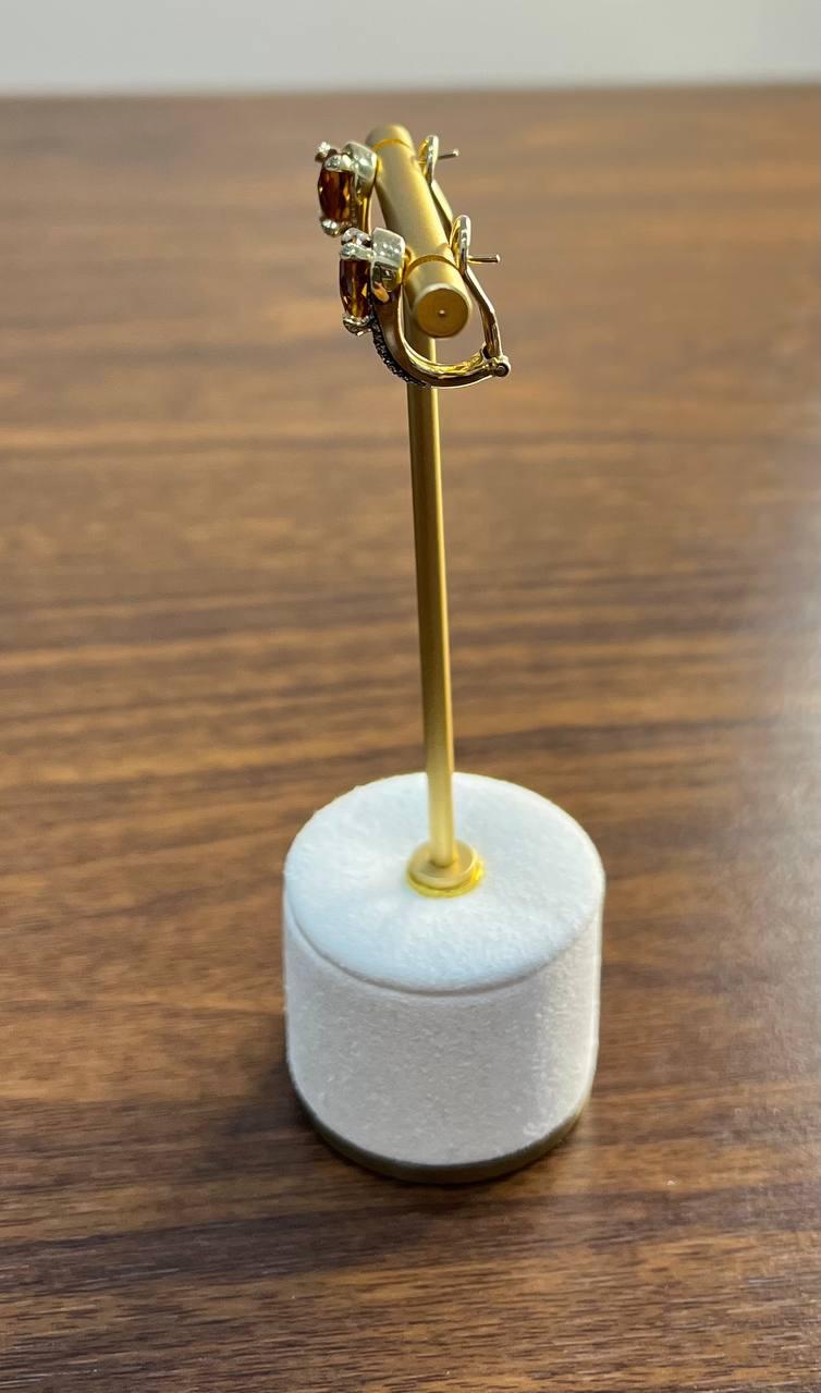 Round Shape Amber Orange Citrine Diamond Pave 14K Yellow Gold Huggie Earrings