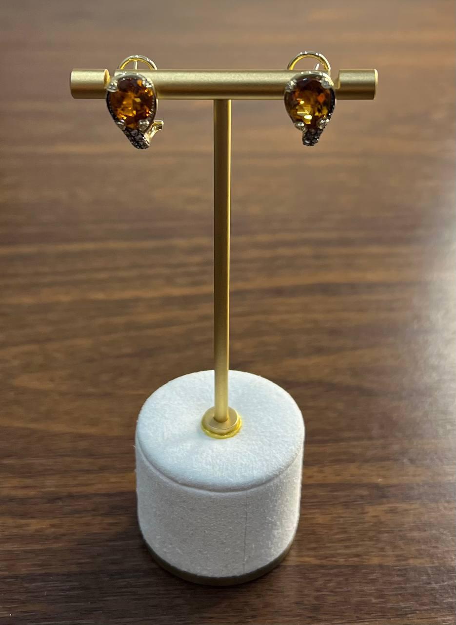 Round Shape Amber Orange Citrine Diamond Pave 14K Yellow Gold Huggie Earrings