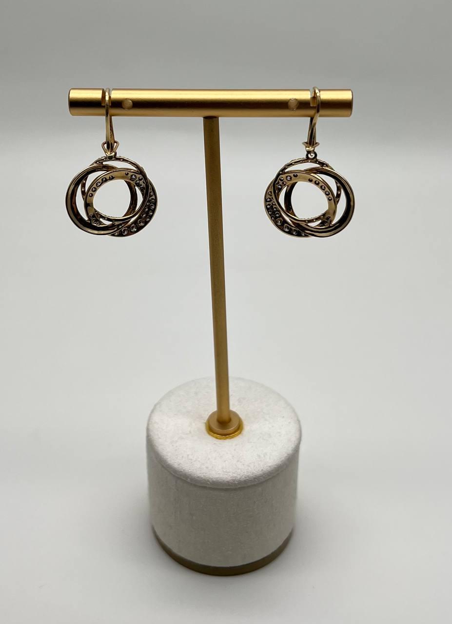 Trinity Gold Interlocking Circles Cognac Brown Diamonds 14K Gold Dangle Earrings