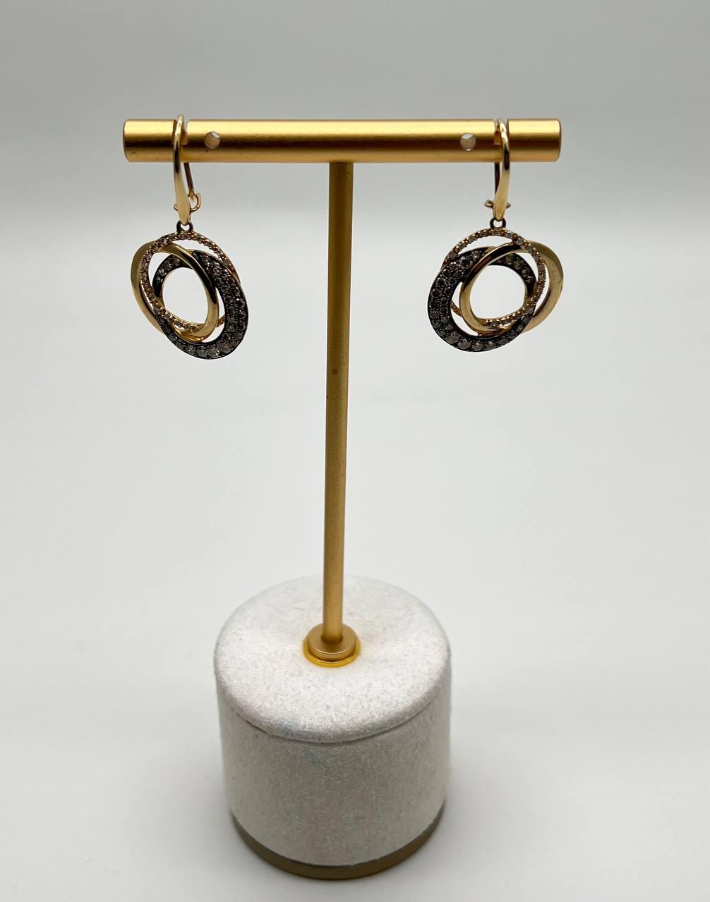 Trinity Gold Interlocking Circles Cognac Brown Diamonds 14K Gold Dangle Earrings