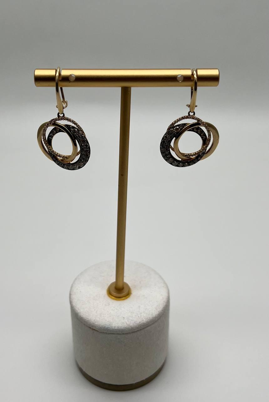 Trinity Gold Interlocking Circles Cognac Brown Diamonds 14K Gold Dangle Earrings
