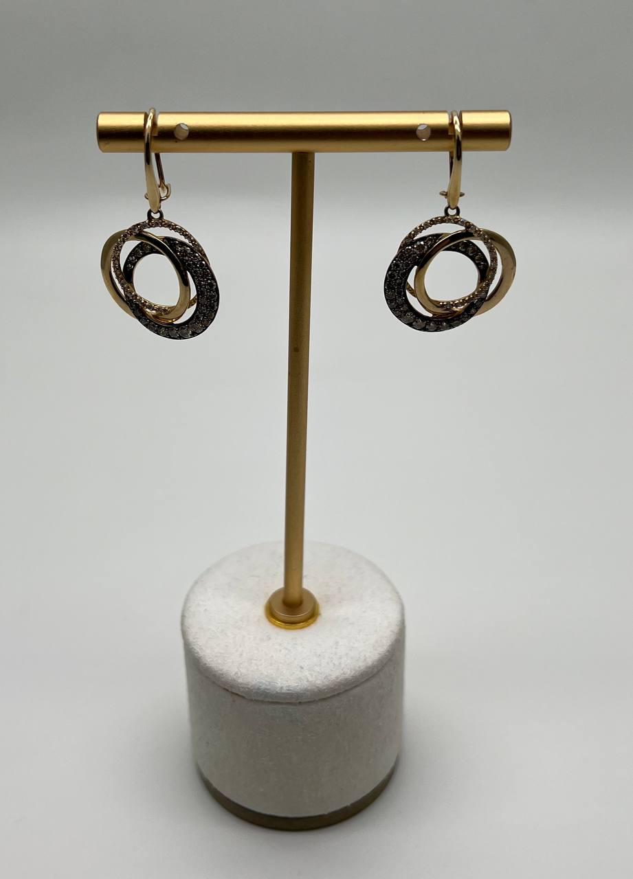 Trinity Gold Interlocking Circles Cognac Brown Diamonds 14K Gold Dangle Earrings