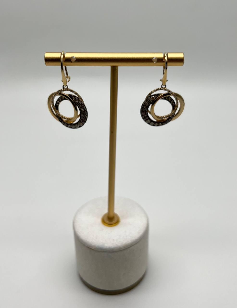 Trinity Gold Interlocking Circles Cognac Brown Diamonds 14K Gold Dangle Earrings