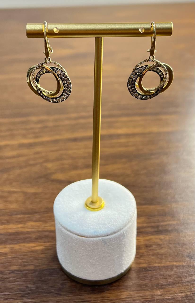 Trinity Gold Interlocking Circles Cognac Brown Diamonds 14K Gold Dangle Earrings