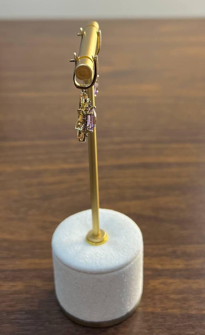 Starburst Symbol Purple Amethyst White Diamonds 14K Yellow Gold Drop Earrings