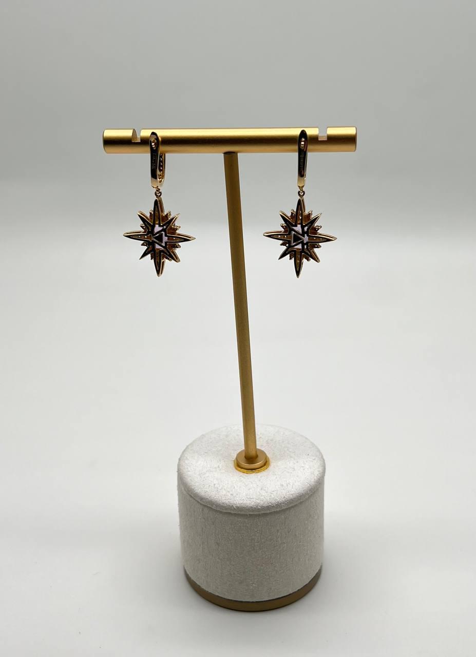 Starburst Symbol Purple Amethyst White Diamonds 14K Yellow Gold Drop Earrings