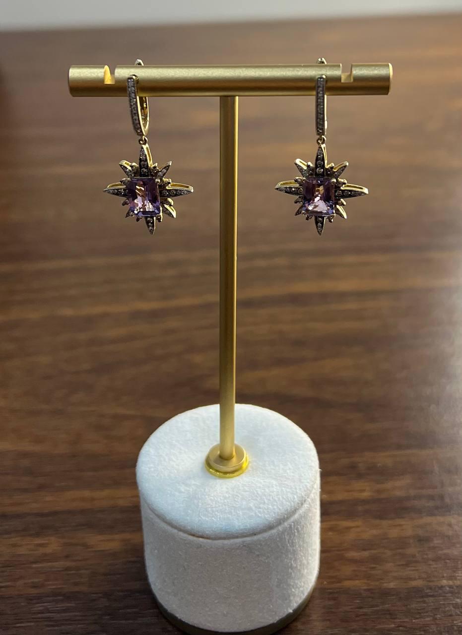 Starburst Symbol Purple Amethyst White Diamonds 14K Yellow Gold Drop Earrings