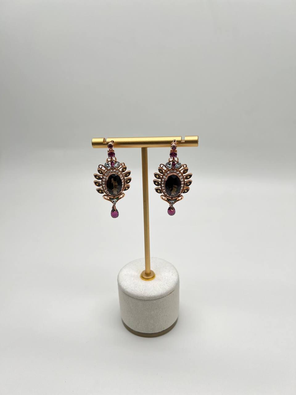 Brown Smoky Quartz Gemstone Amethyst Diamond Halo 18K Rose Gold Dangle Earrings