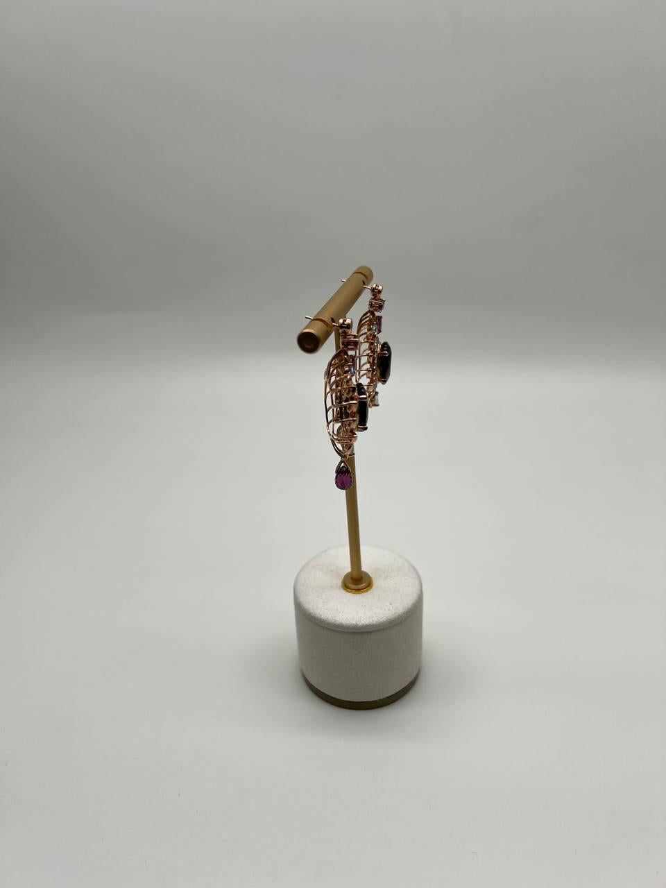 Brown Smoky Quartz Gemstone Amethyst Diamond Halo 18K Rose Gold Dangle Earrings