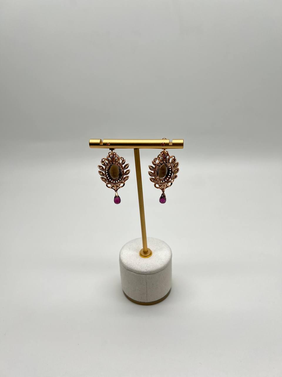 Brown Smoky Quartz Gemstone Amethyst Diamond Halo 18K Rose Gold Dangle Earrings