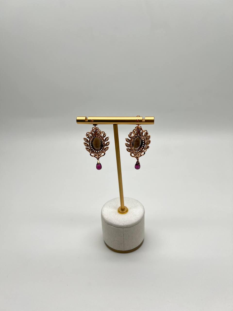 Brown Smoky Quartz Gemstone Amethyst Diamond Halo 18K Rose Gold Dangle Earrings