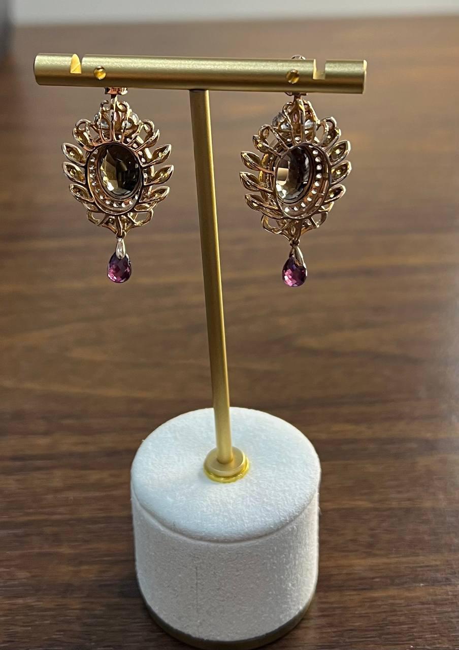 Brown Smoky Quartz Gemstone Amethyst Diamond Halo 18K Rose Gold Dangle Earrings