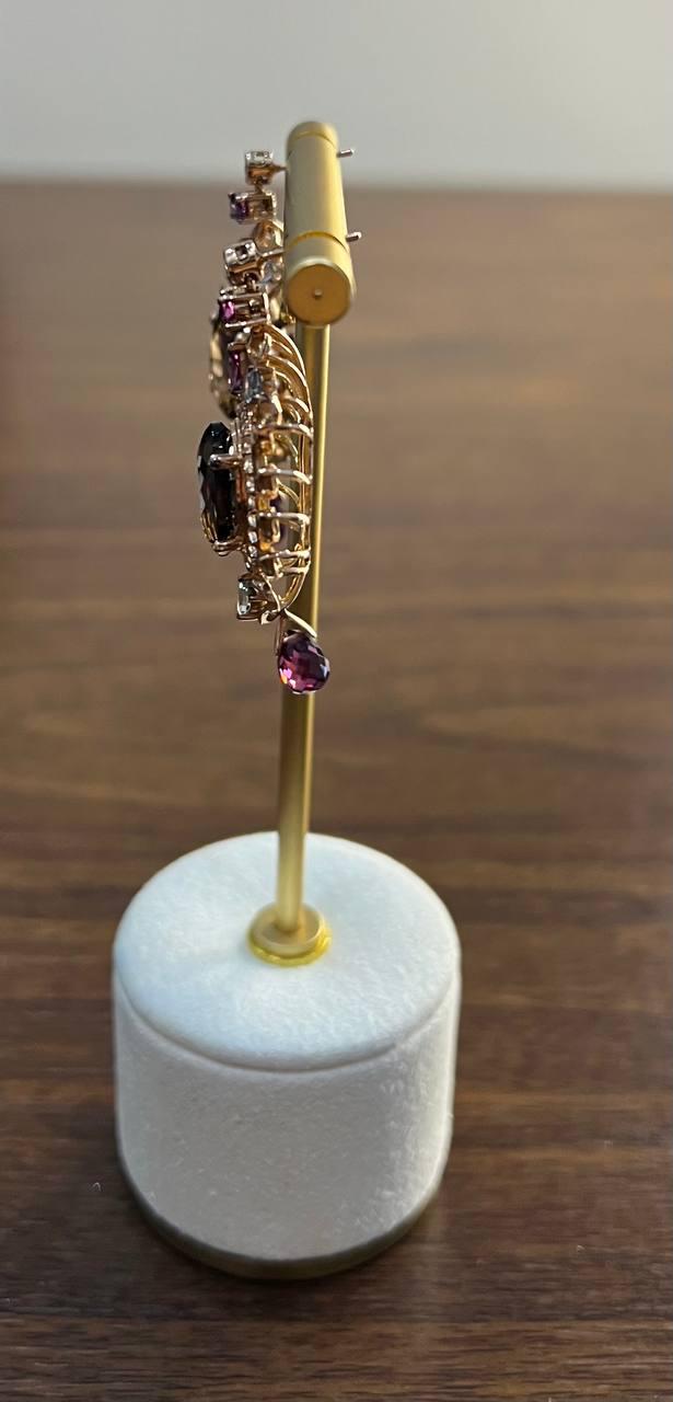 Brown Smoky Quartz Gemstone Amethyst Diamond Halo 18K Rose Gold Dangle Earrings