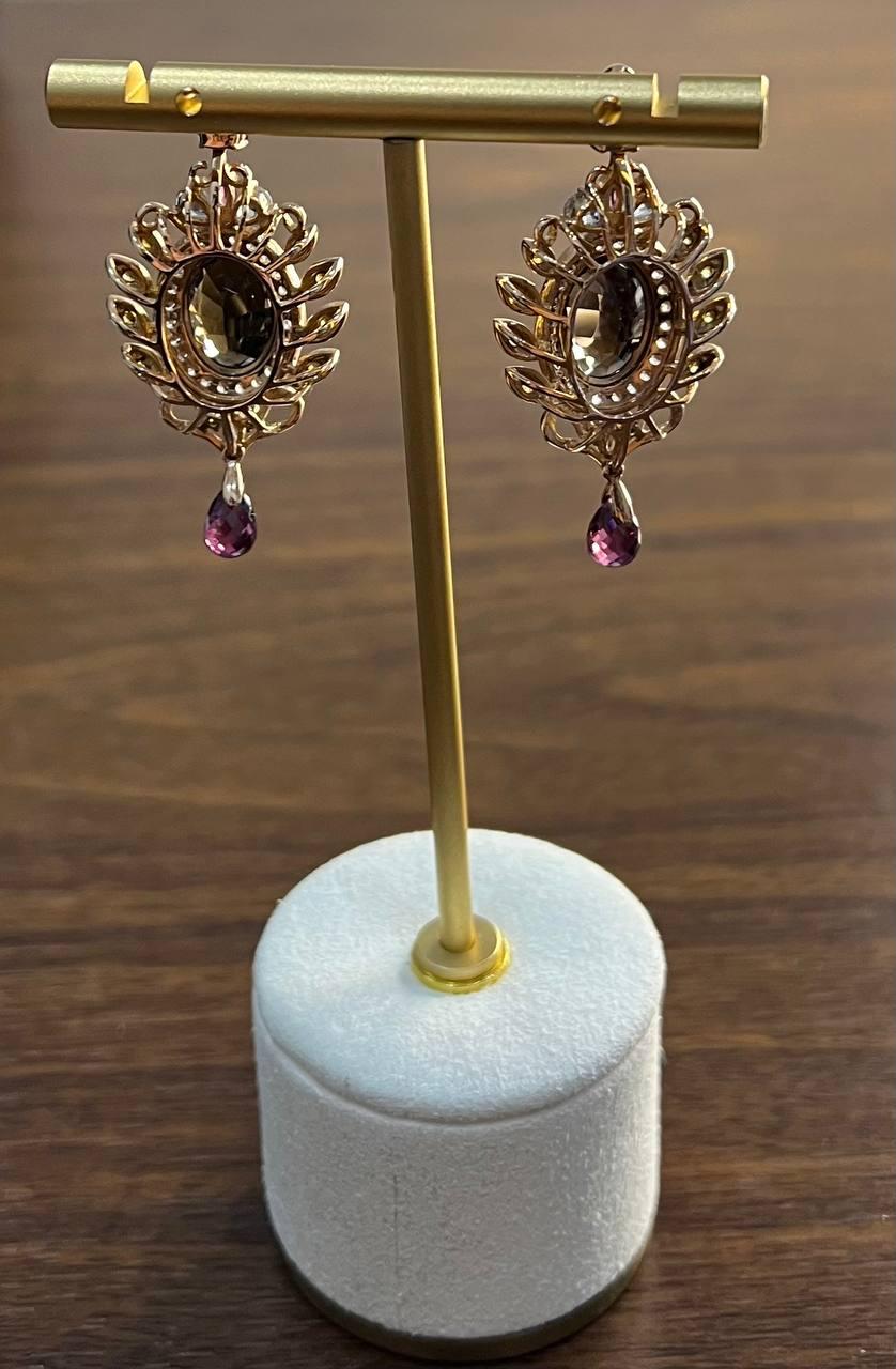 Brown Smoky Quartz Gemstone Amethyst Diamond Halo 18K Rose Gold Dangle Earrings