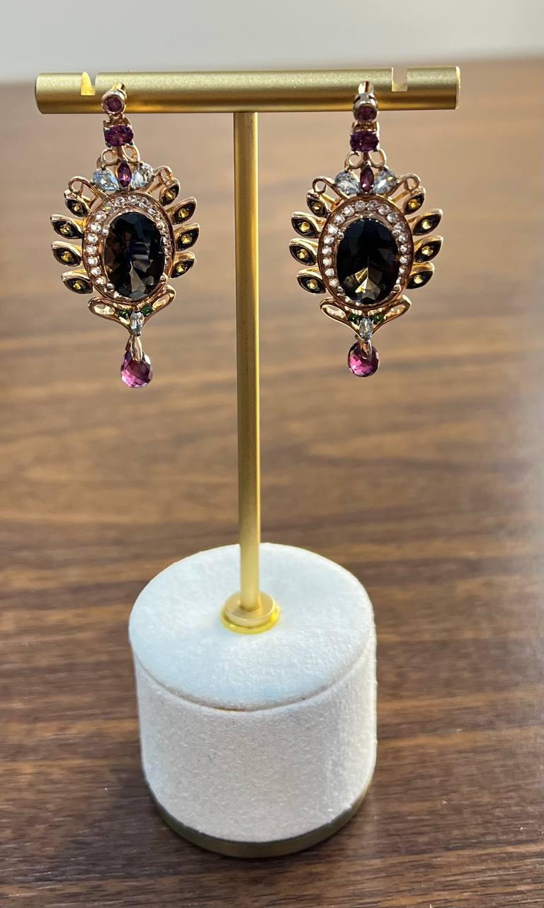 Brown Smoky Quartz Gemstone Amethyst Diamond Halo 18K Rose Gold Dangle Earrings