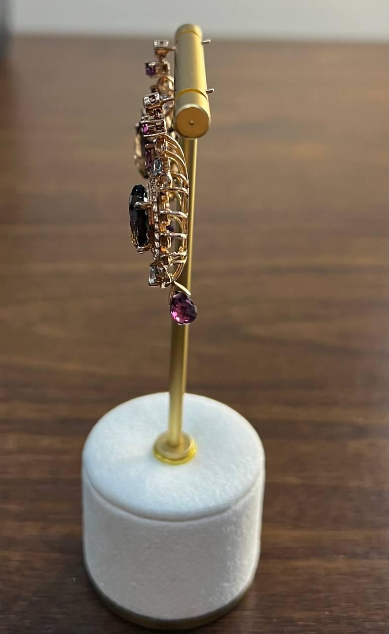 Brown Smoky Quartz Gemstone Amethyst Diamond Halo 18K Rose Gold Dangle Earrings