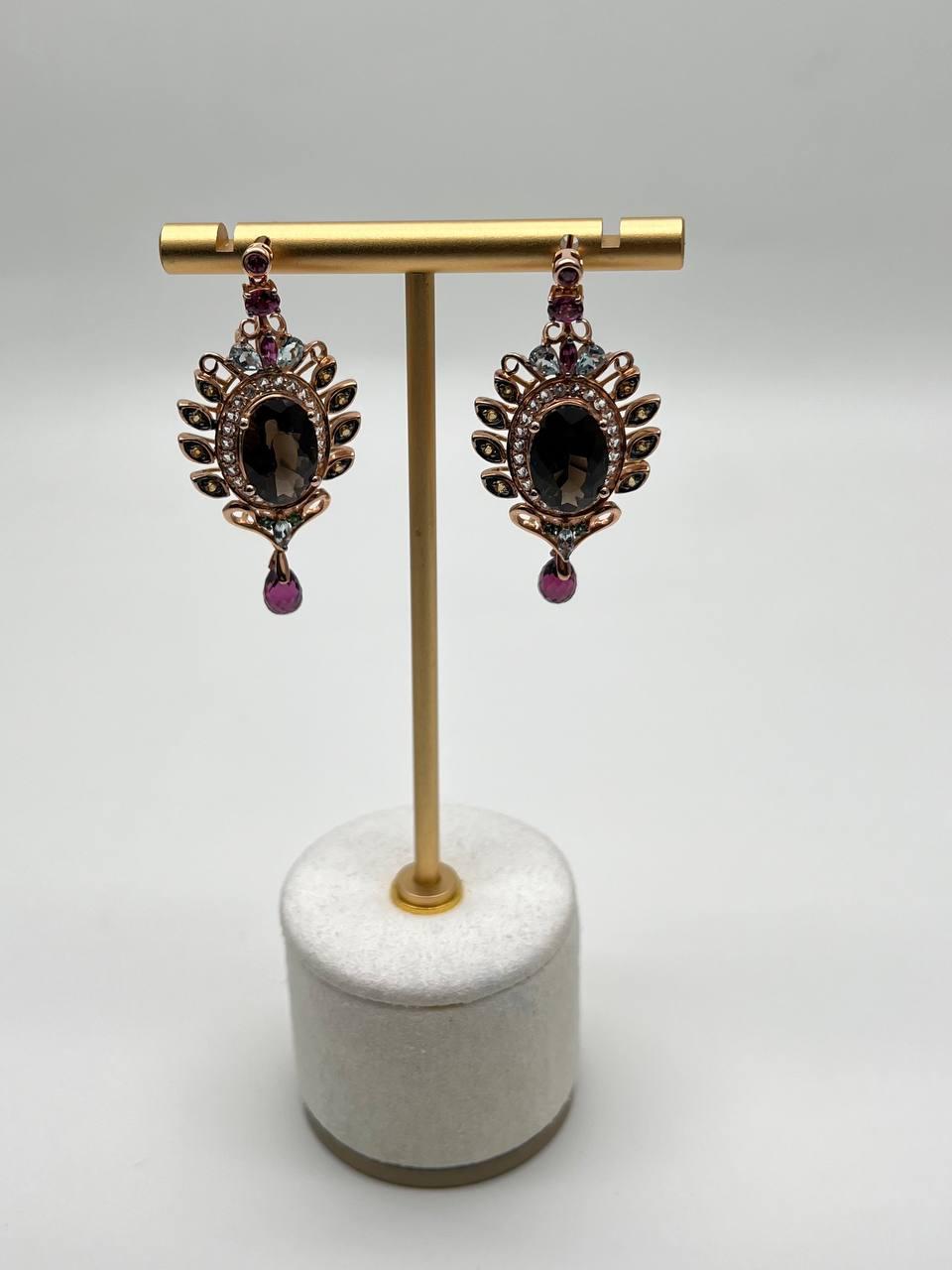 Brown Smoky Quartz Gemstone Amethyst Diamond Halo 18K Rose Gold Dangle Earrings