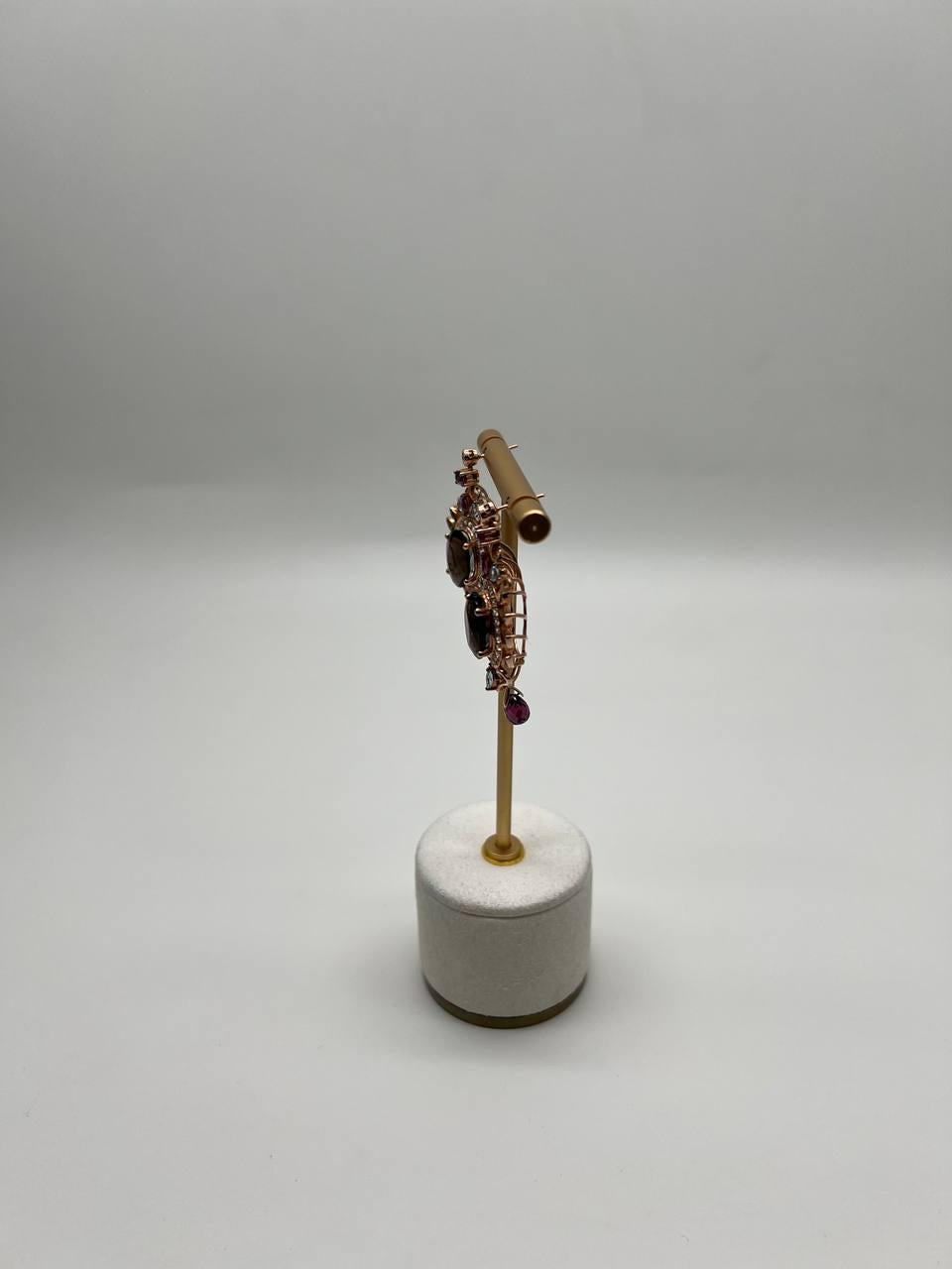 Brown Smoky Quartz Gemstone Amethyst Diamond Halo 18K Rose Gold Dangle Earrings