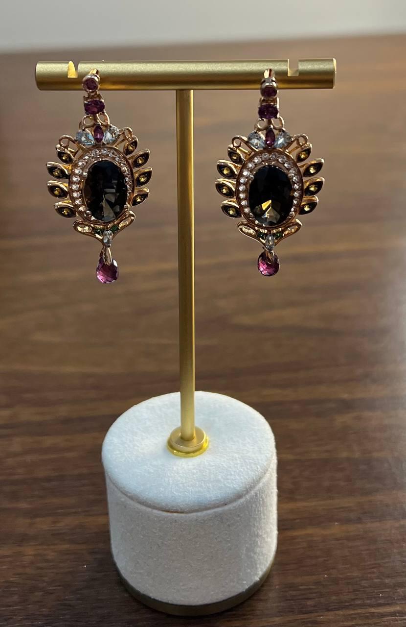 Brown Smoky Quartz Gemstone Amethyst Diamond Halo 18K Rose Gold Dangle Earrings