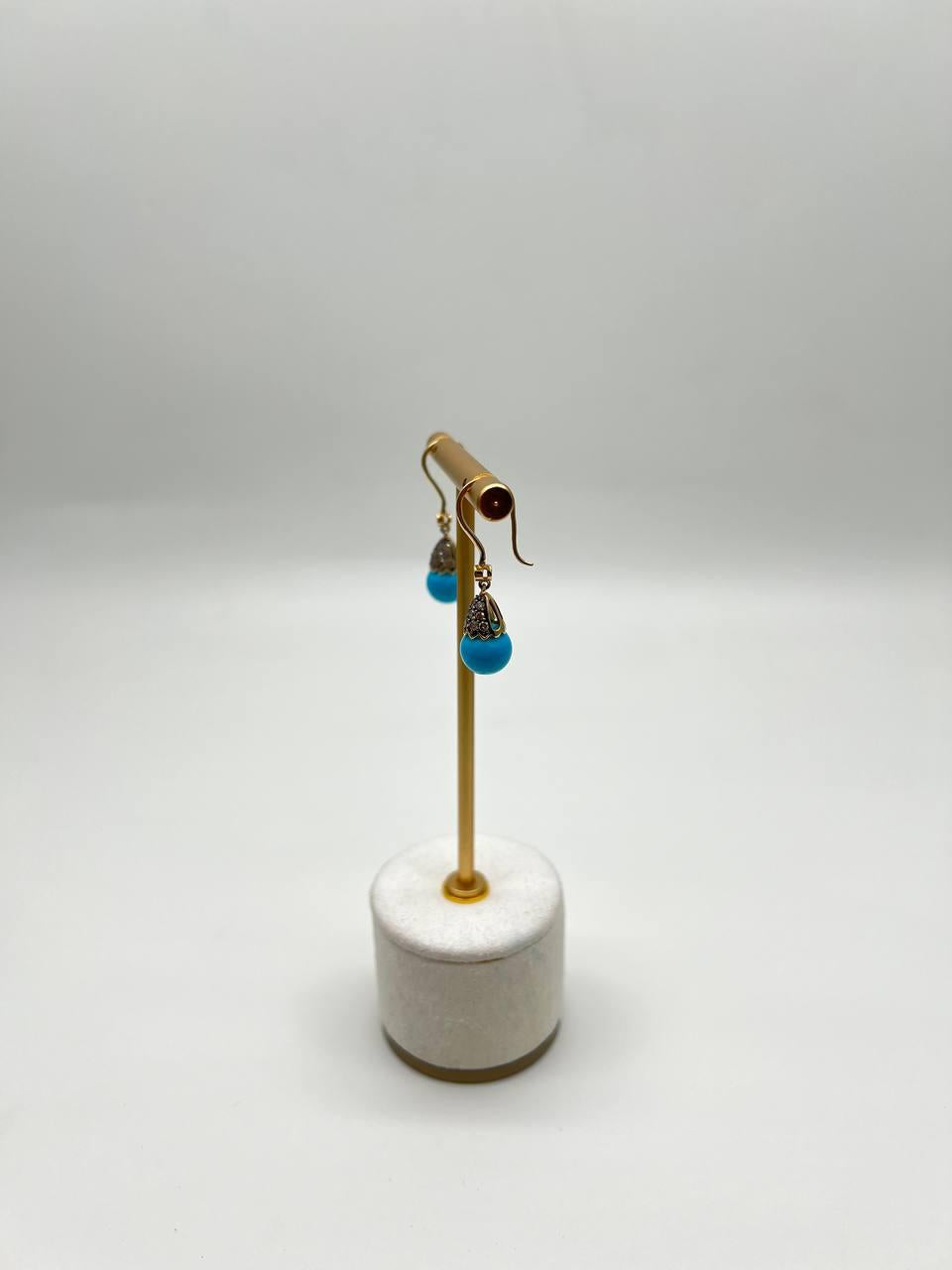 Turquoise Drop Champagne Diamonds Pave Drop 14K Yellow Gold Earrings