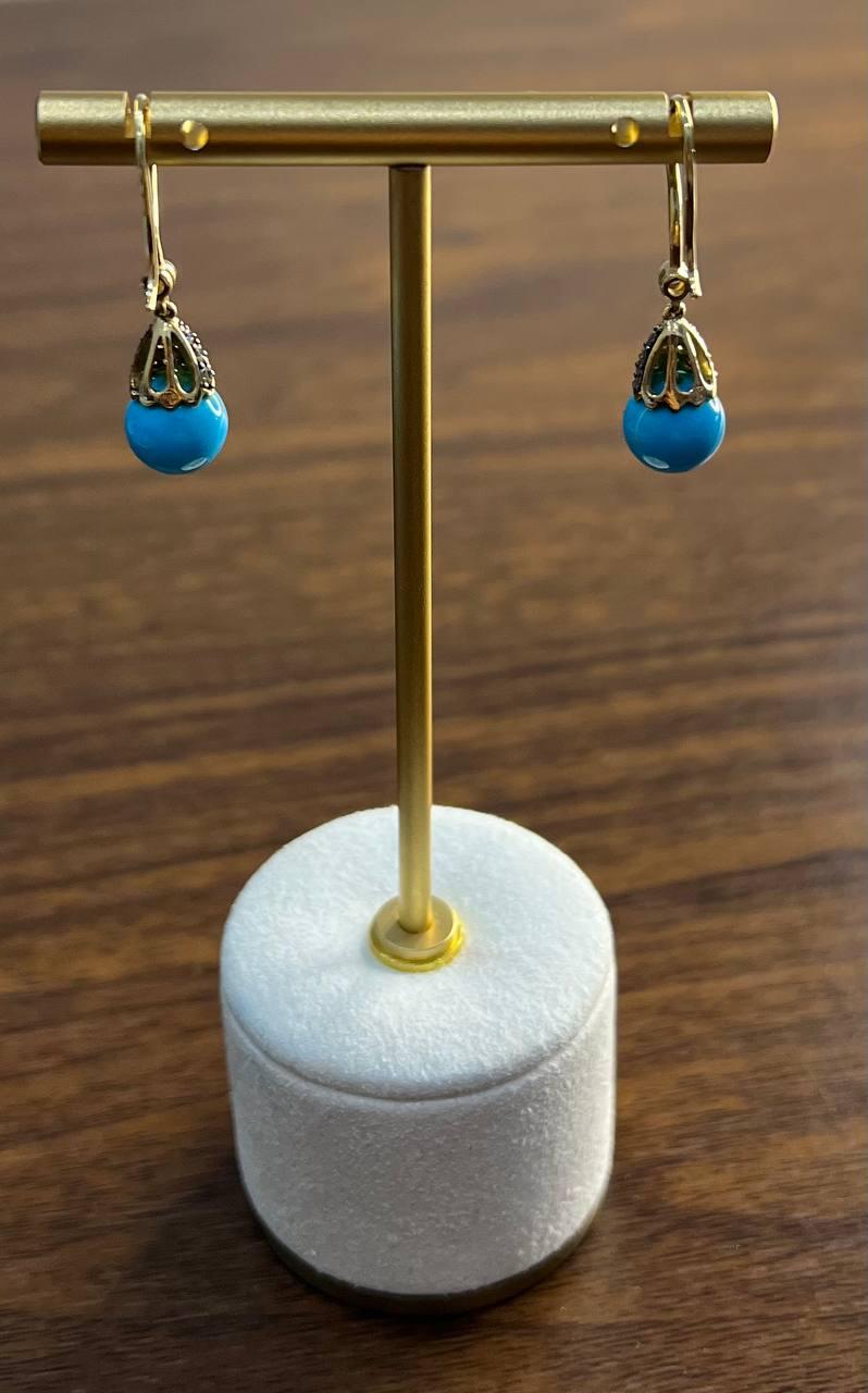 Turquoise Drop Champagne Diamonds Pave Drop 14K Yellow Gold Earrings