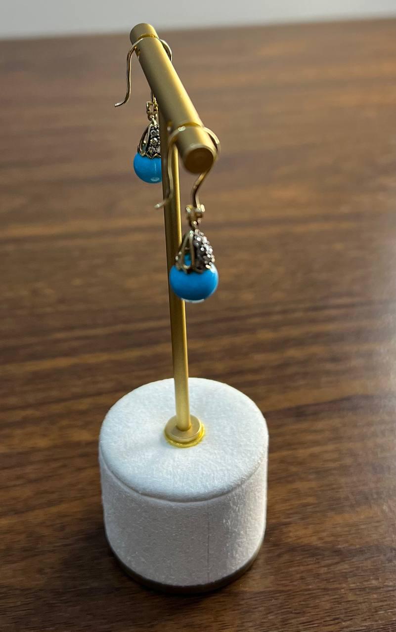 Turquoise Drop Champagne Diamonds Pave Drop 14K Yellow Gold Earrings