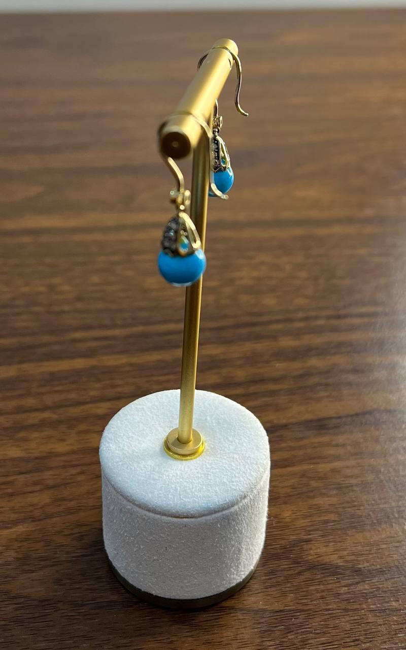 Turquoise Drop Champagne Diamonds Pave Drop 14K Yellow Gold Earrings