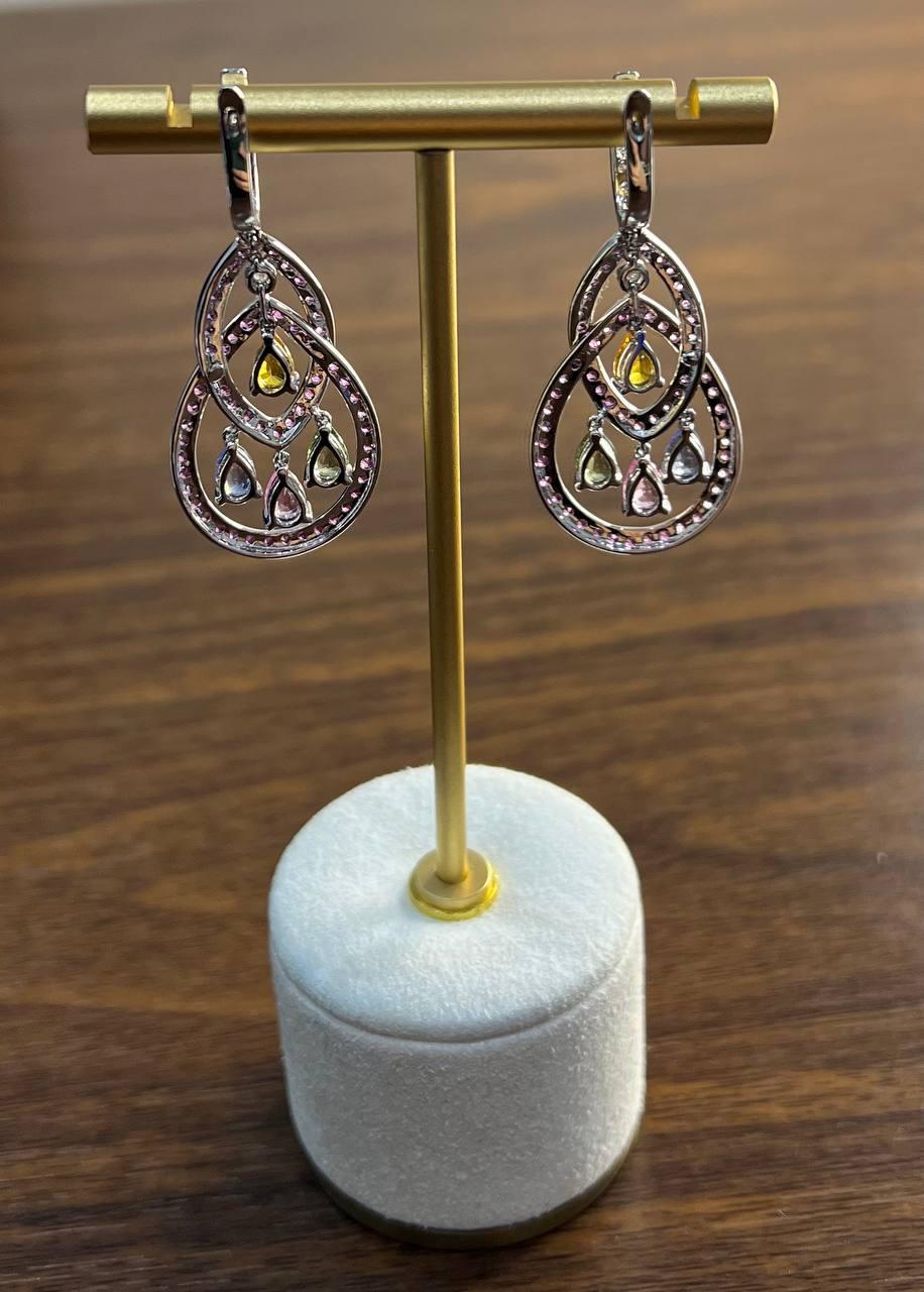 Pink Sapphire Multi Color Gem Diamonds 14K White Gold Dangle Statement Earrings