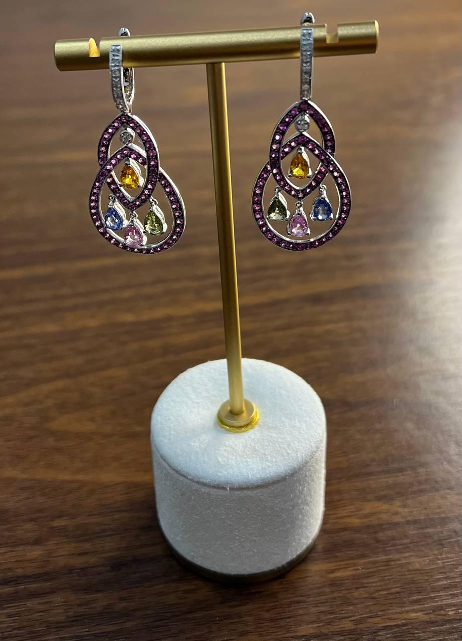 Pink Sapphire Multi Color Gem Diamonds 14K White Gold Dangle Statement Earrings