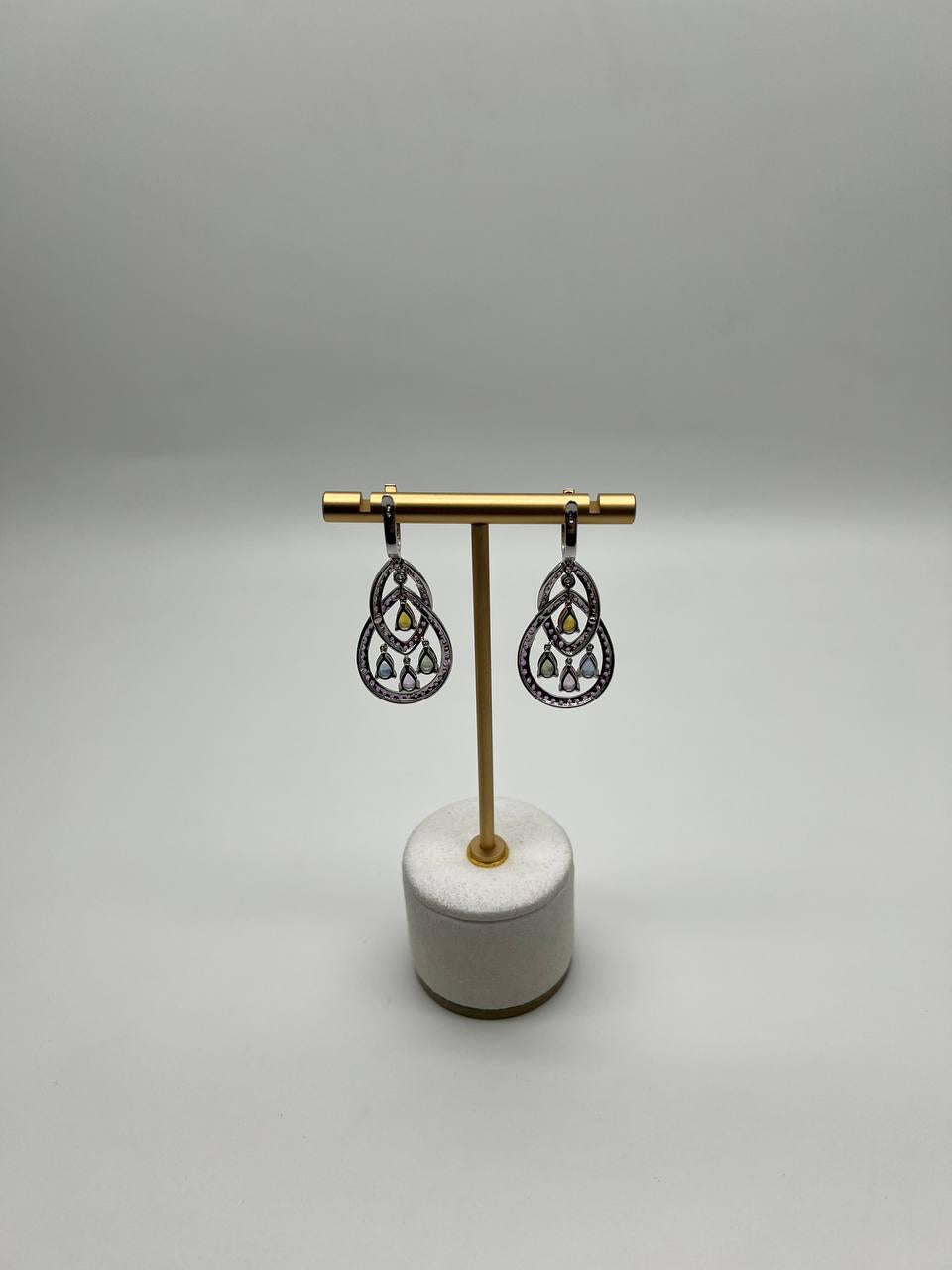 Pink Sapphire Multi Color Gem Diamonds 14K White Gold Dangle Statement Earrings