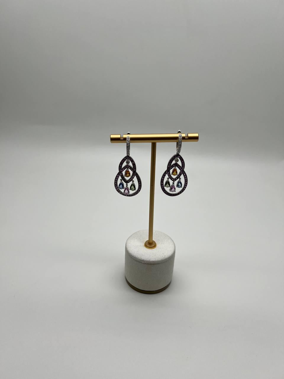 Pink Sapphire Multi Color Gem Diamonds 14K White Gold Dangle Statement Earrings