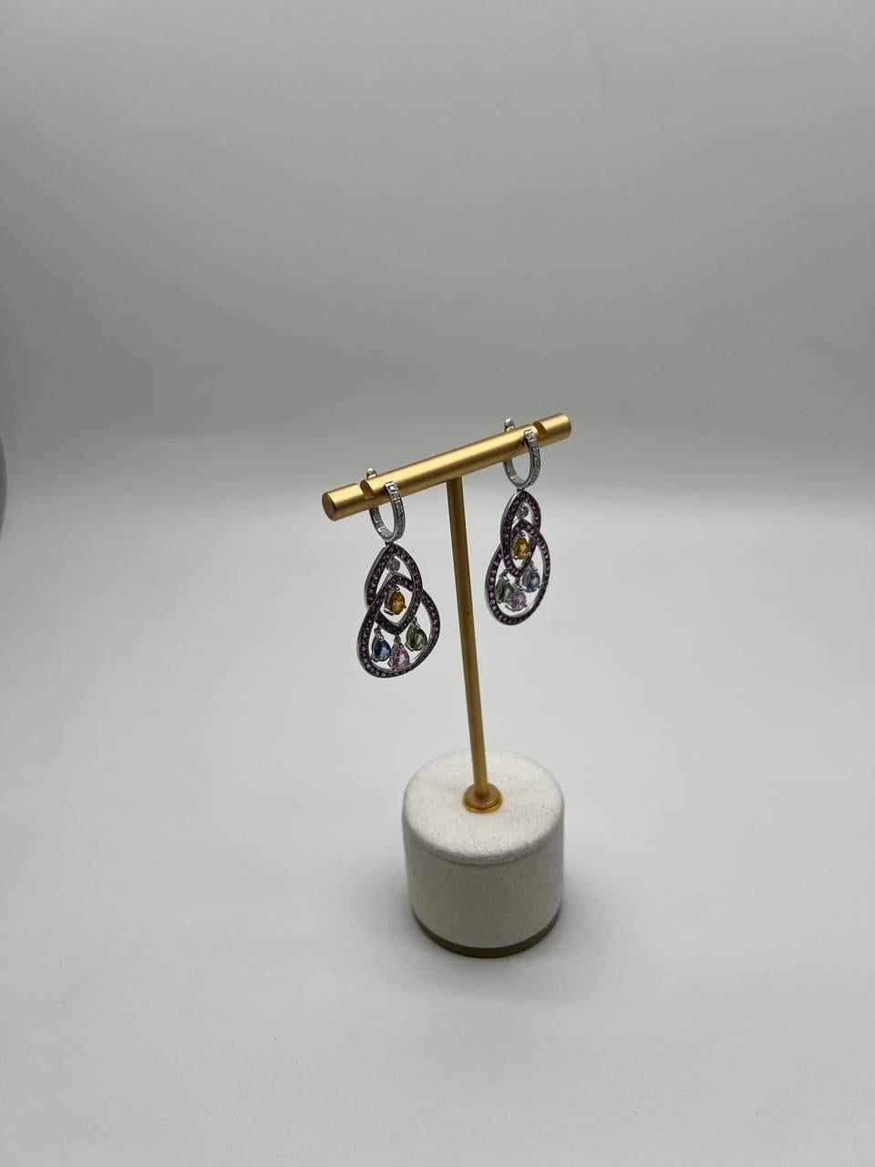 Pink Sapphire Multi Color Gem Diamonds 14K White Gold Dangle Statement Earrings