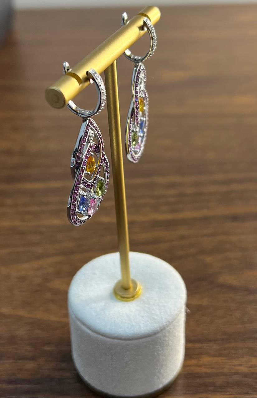 Pink Sapphire Multi Color Gem Diamonds 14K White Gold Dangle Statement Earrings