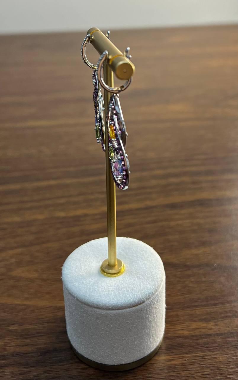 Pink Sapphire Multi Color Gem Diamonds 14K White Gold Dangle Statement Earrings