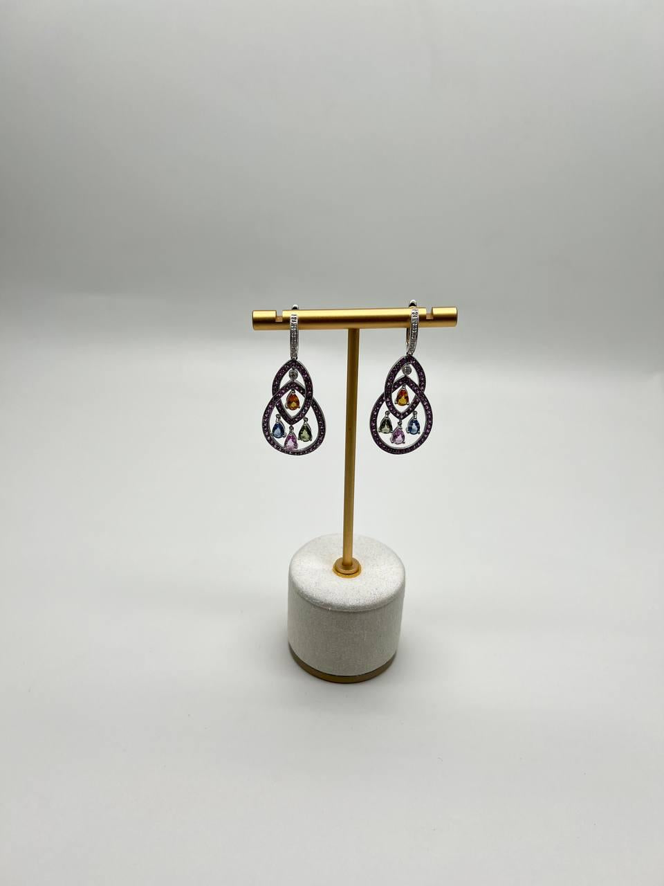 Pink Sapphire Multi Color Gem Diamonds 14K White Gold Dangle Statement Earrings