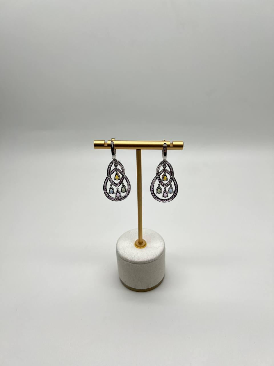 Pink Sapphire Multi Color Gem Diamonds 14K White Gold Dangle Statement Earrings