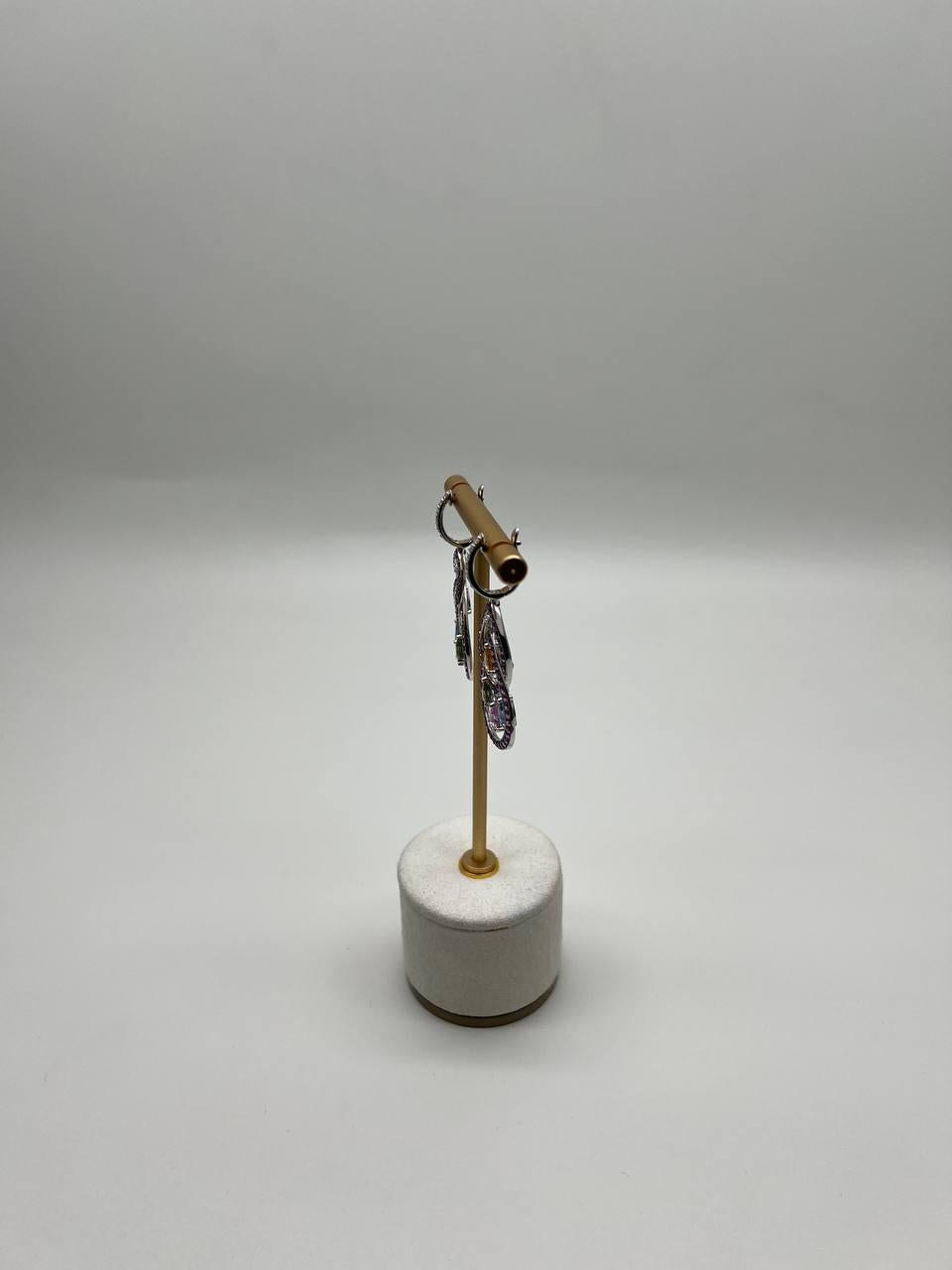 Pink Sapphire Multi Color Gem Diamonds 14K White Gold Dangle Statement Earrings