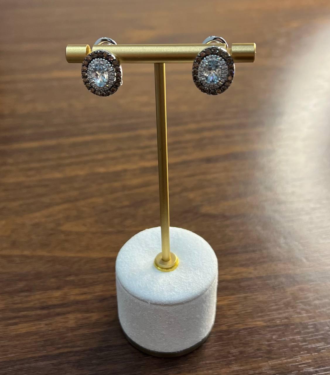 Oval Blue Aquamarine White Brown Diamonds Halo 14K White Gold Stud Earrings