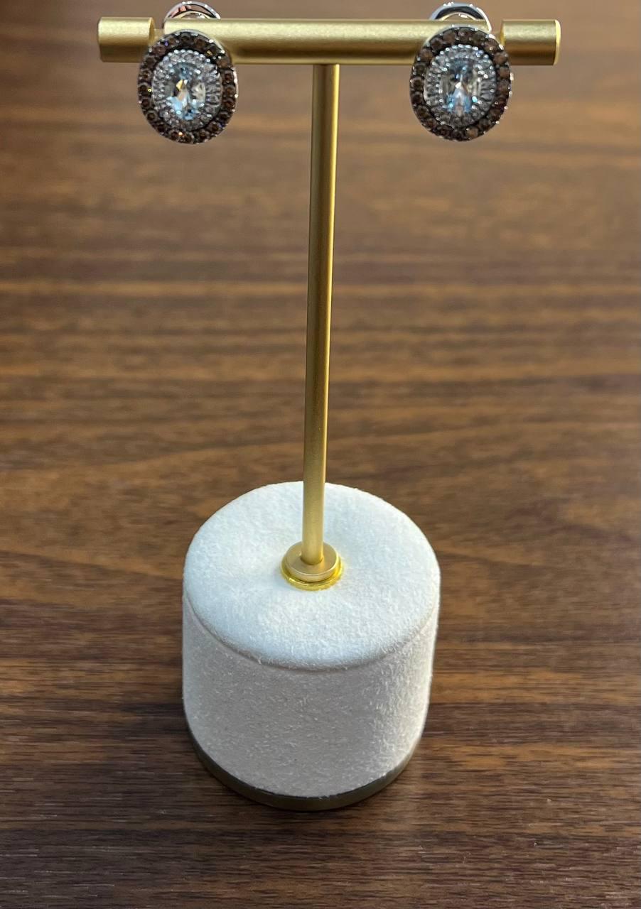 Oval Blue Aquamarine White Brown Diamonds Halo 14K White Gold Stud Earrings