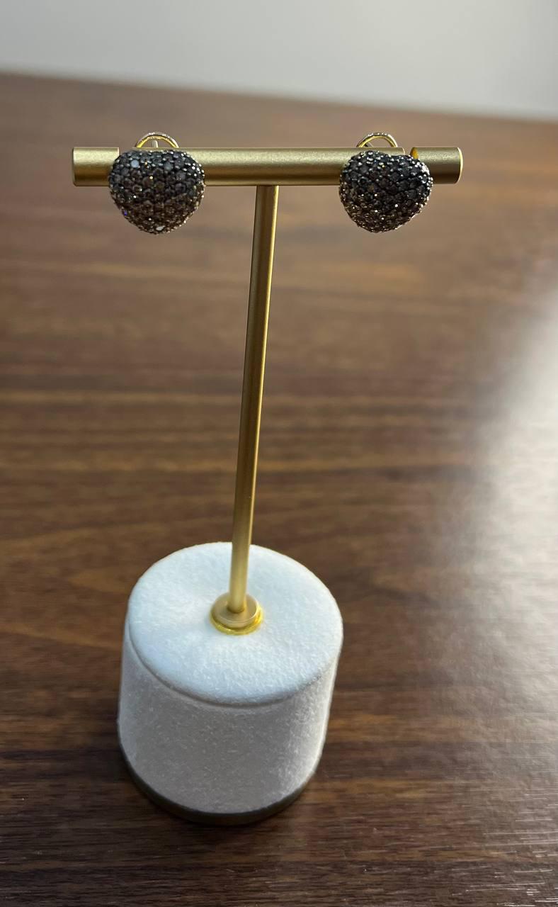 Heart Shape Love Champagne Brown Diamond Pave Set 14K Yellow Gold Stud Earrings