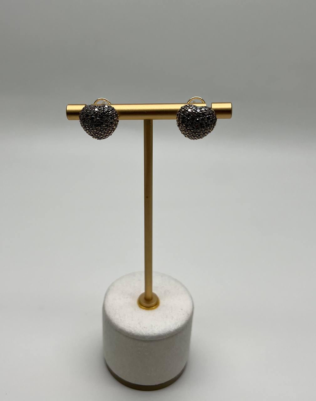 Heart Shape Love Champagne Brown Diamond Pave Set 14K Yellow Gold Stud Earrings