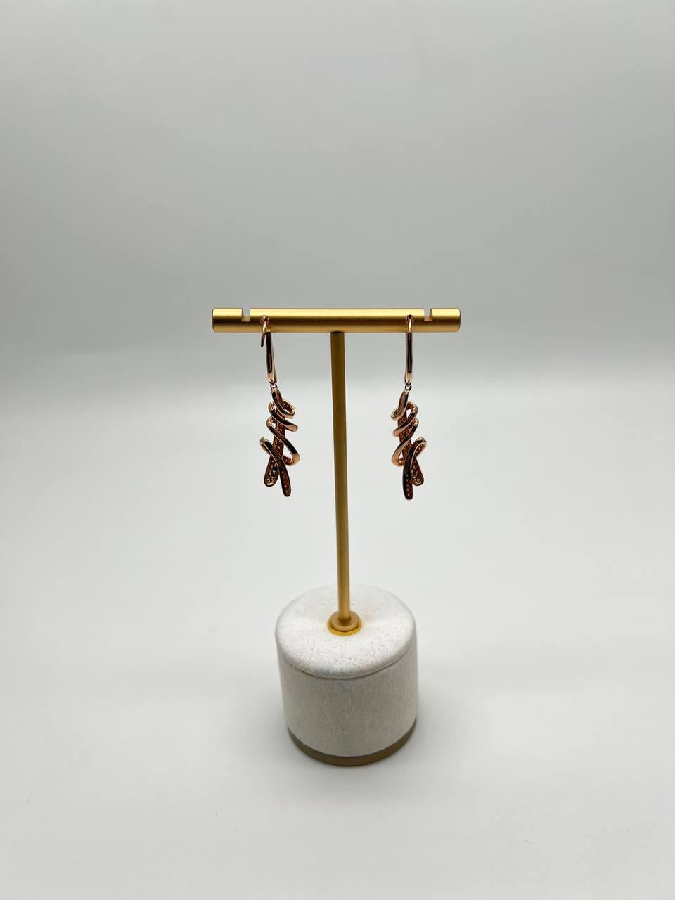 White Champagne Cognac Diamonds 18K Rose Gold Swirl Statement Drop Earrings