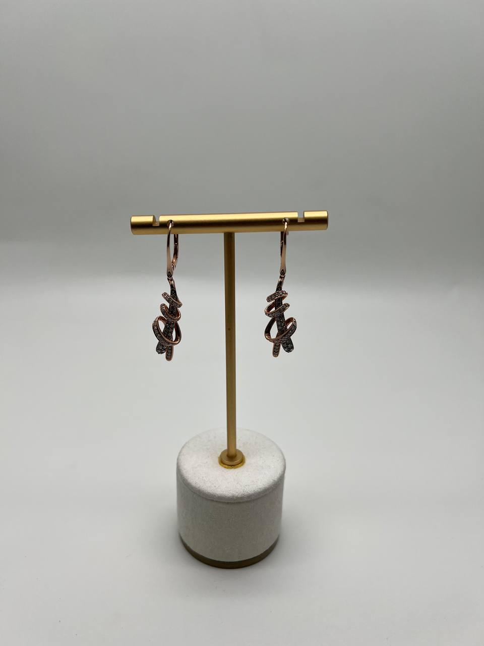 White Champagne Cognac Diamonds 18K Rose Gold Swirl Statement Drop Earrings