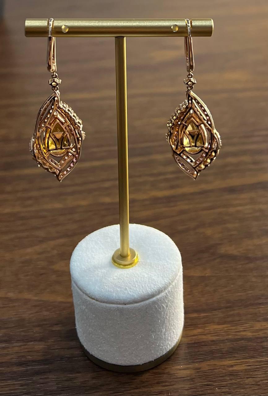 Pear Drop Shape Orange Citrine Multi Diamonds 14K Yellow Gold Statement Earrings