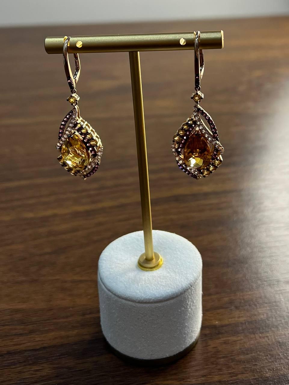 Pear Drop Shape Orange Citrine Multi Diamonds 14K Yellow Gold Statement Earrings