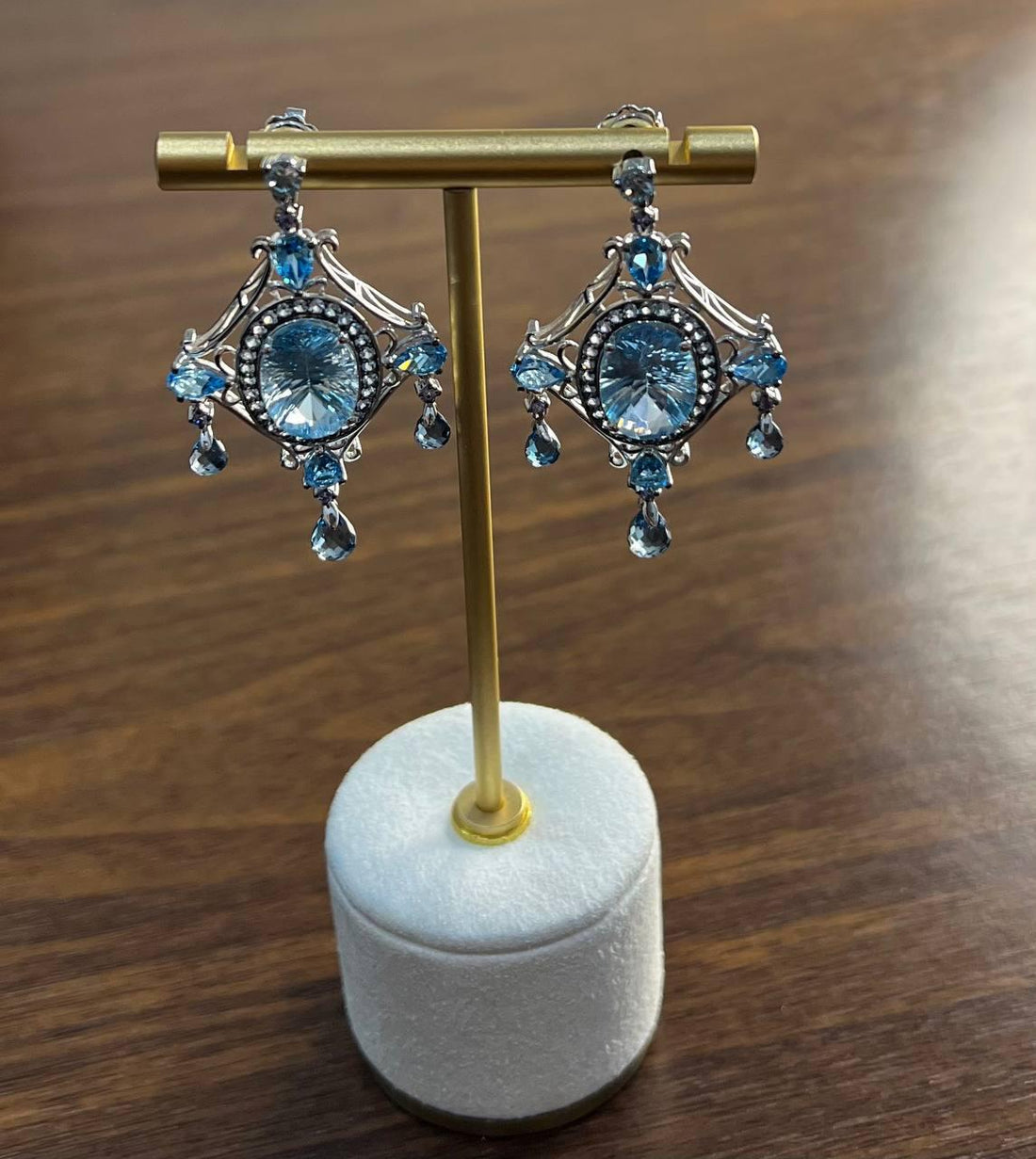 Fancy Blue Topaz White Diamond Halo 14K White Gold Fancy Chandelier Earrings