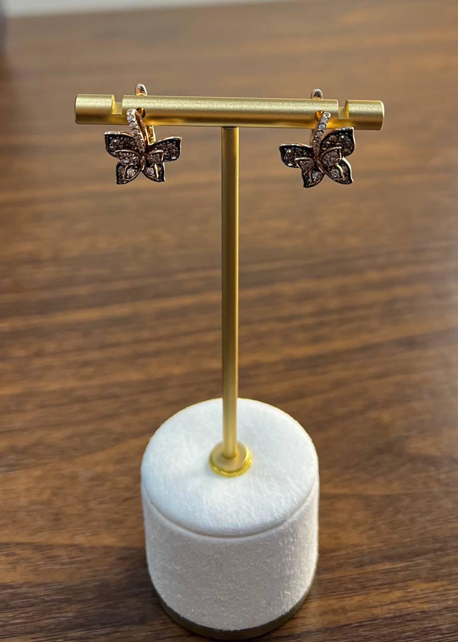 Butterfly White Champagne Diamond Pave Set Split Shank 14K Yellow Gold Earrings