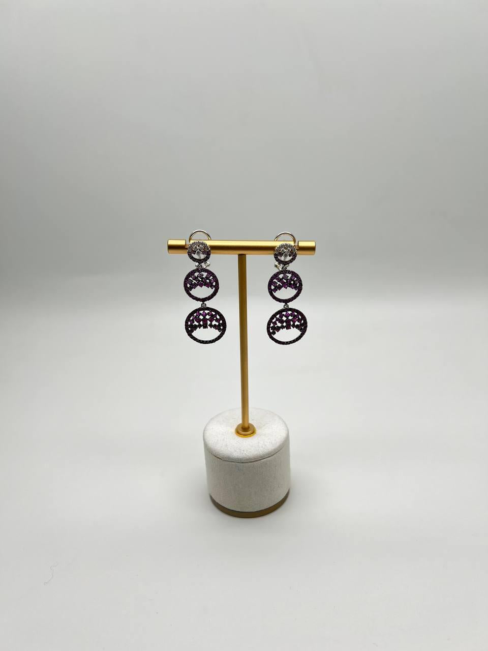 Purple Pink Sapphire White Diamond Pave Set 14k White Gold Dangle Earrings