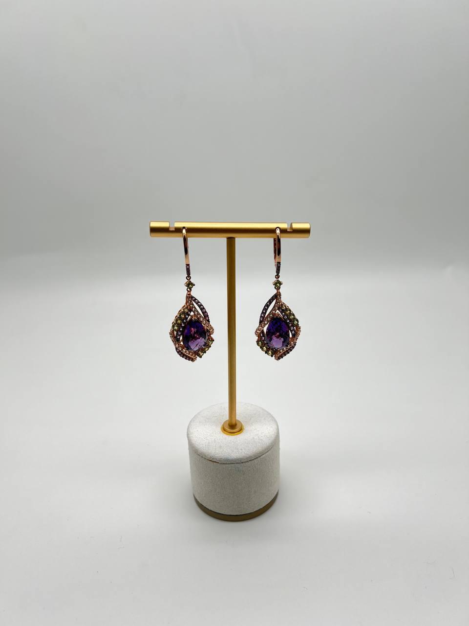 Purple Violet Amethyst Multi Pavé-Set Diamonds Halo 14K Rose Gold Drop Earrings