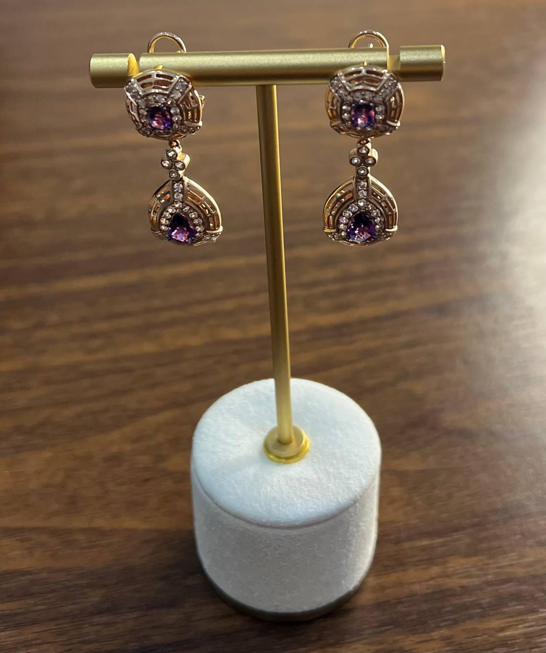 Purple Violet Amethyst Latticework Diamond Halo Drop 14K Rose Gold Earrings